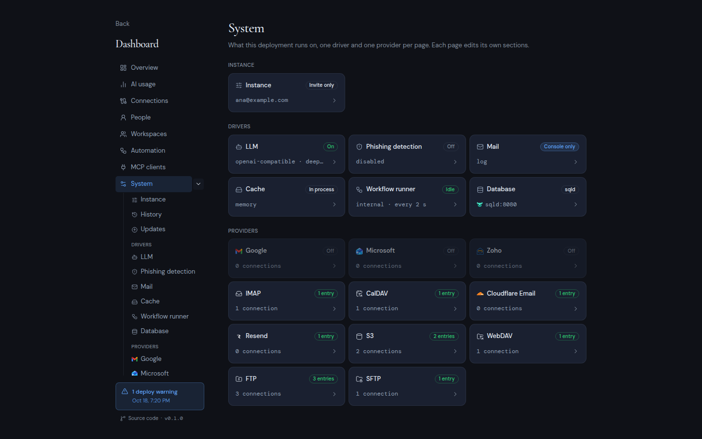 The owner dashboard System page, with the instance status, drivers and providers