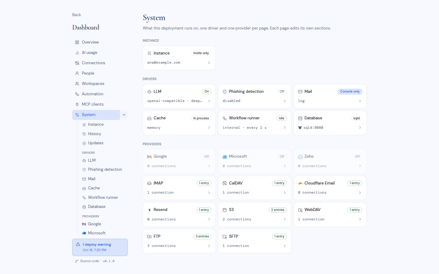The owner dashboard System page, with the instance status, drivers and providers