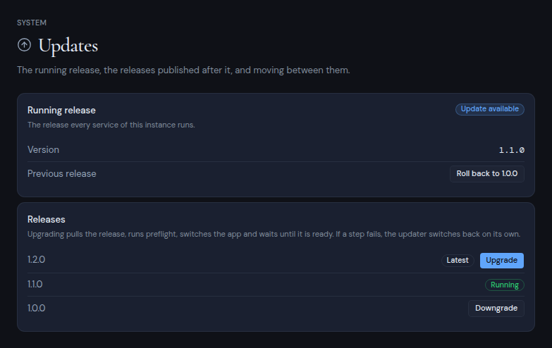 The Updates page with the running release and the list of releases
