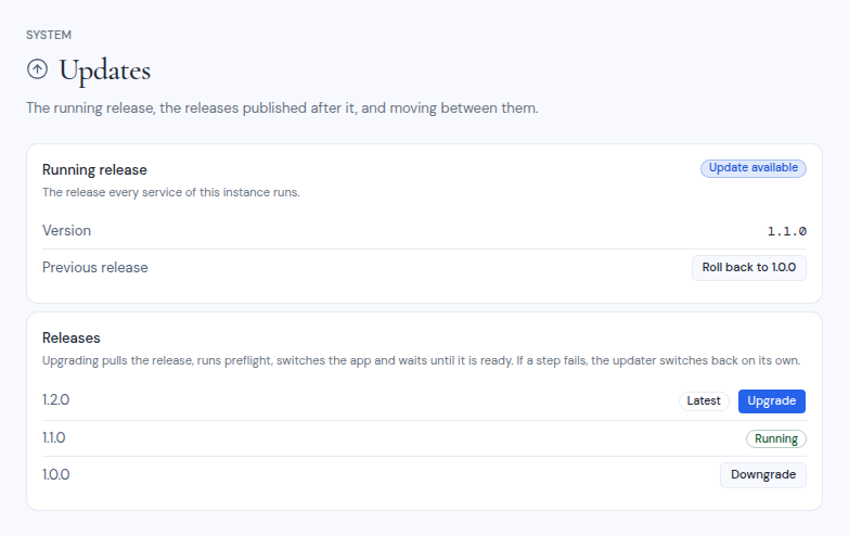 The Updates page with the running release and the list of releases