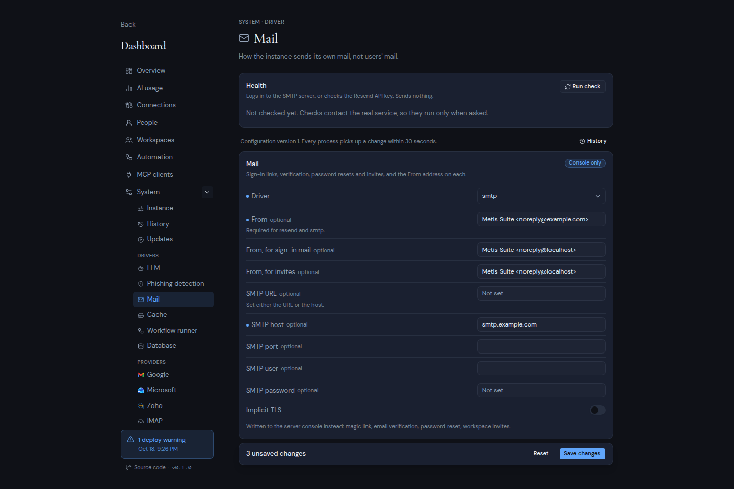 The Mail driver page with smtp chosen, showing the sender and SMTP fields