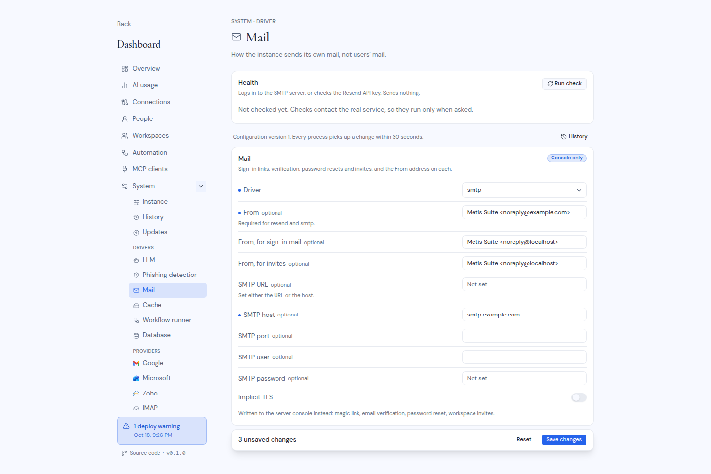 The Mail driver page with smtp chosen, showing the sender and SMTP fields