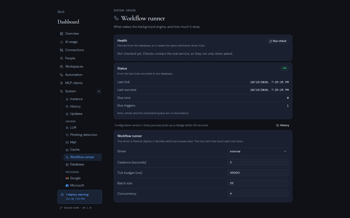 The Workflow runner page with the Status card and the runner settings