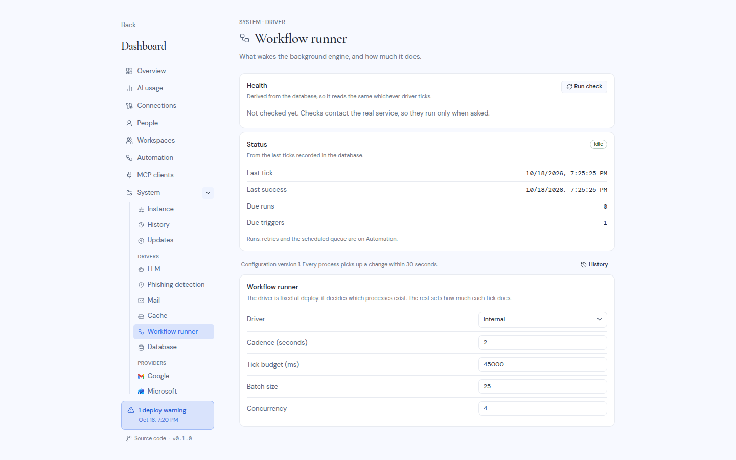 The Workflow runner page with the Status card and the runner settings
