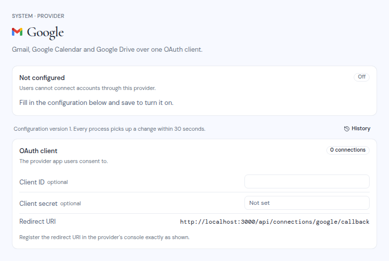 The Google provider page, not yet configured, with the OAuth client card and its redirect URI