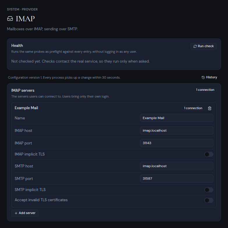 The IMAP provider page with one sample server entry
