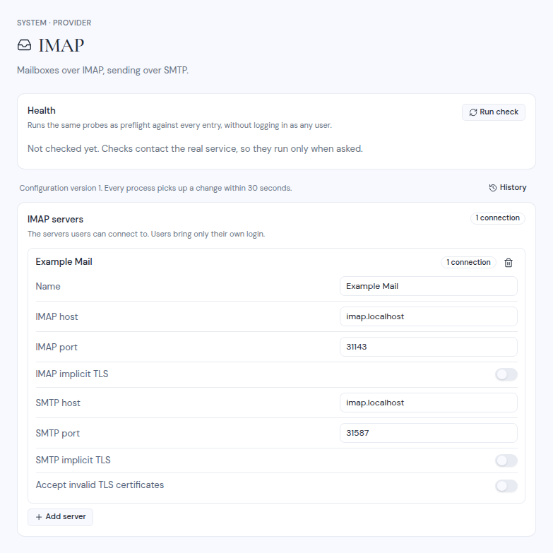 The IMAP provider page with one sample server entry