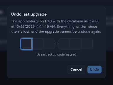 The Undo last upgrade dialog asking for an authenticator code