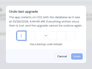 The Undo last upgrade dialog asking for an authenticator code
