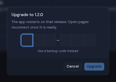 The Upgrade to 1.2.0 dialog asking for an authenticator code