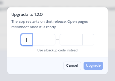 The Upgrade to 1.2.0 dialog asking for an authenticator code
