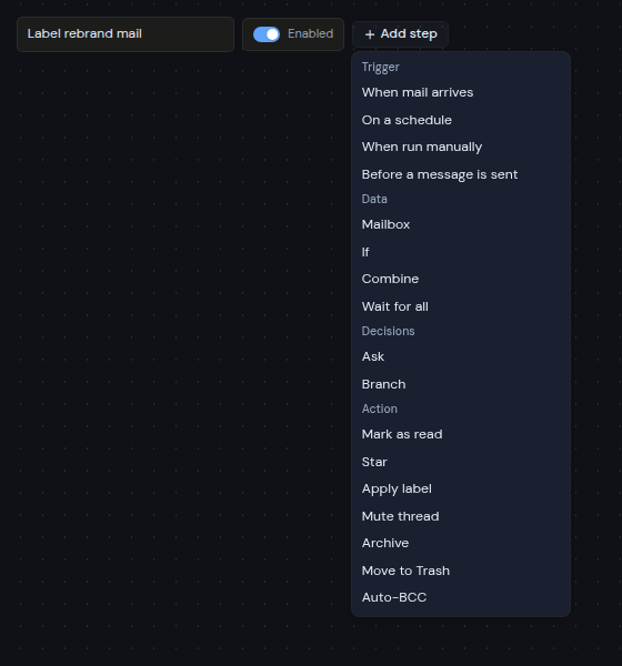 The Add step menu grouped into Trigger, Data, Decisions and Action
