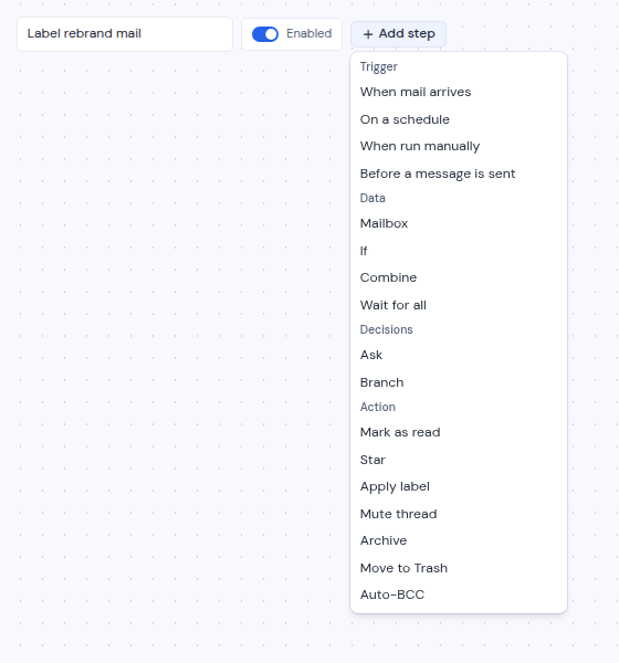 The Add step menu grouped into Trigger, Data, Decisions and Action
