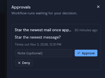 The Approvals panel with a request waiting for a decision, its note field and the Approve and Deny buttons