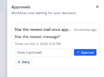 The Approvals panel with a request waiting for a decision, its note field and the Approve and Deny buttons