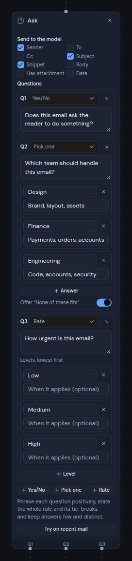 An Ask step with a Yes/No question, a Pick one question and a Rate question