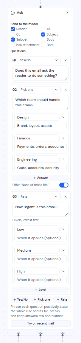 An Ask step with a Yes/No question, a Pick one question and a Rate question