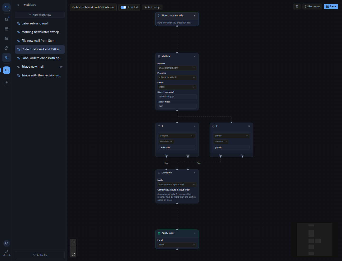 A workflow where two If steps join in a Combine step before Apply label