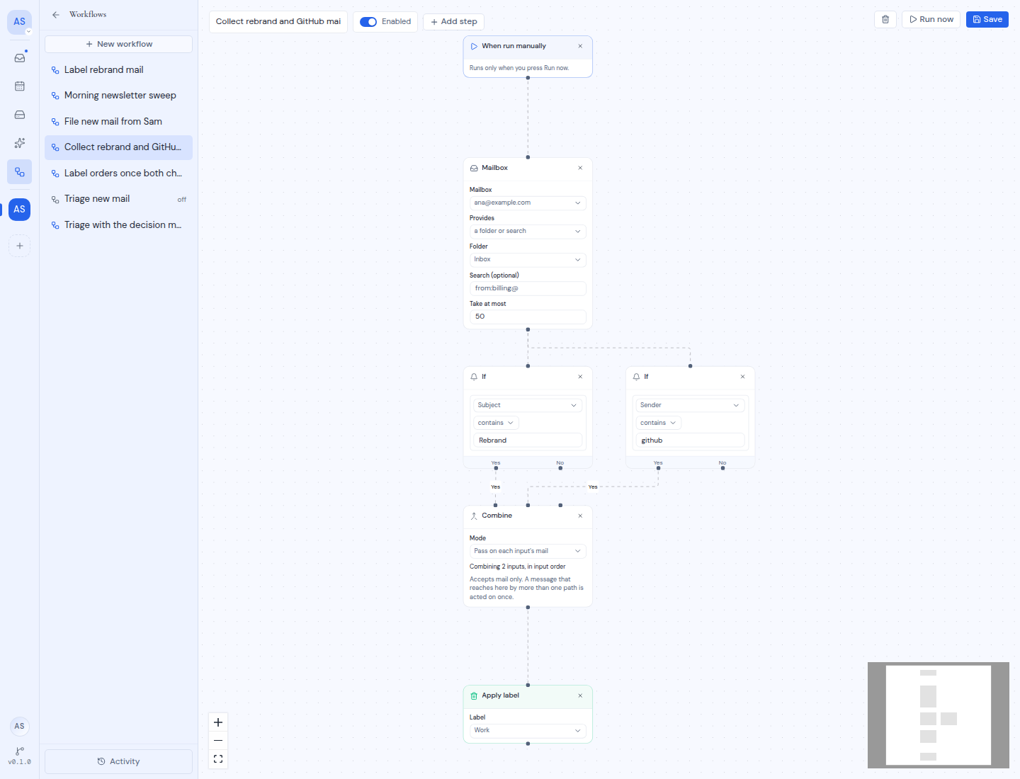A workflow where two If steps join in a Combine step before Apply label