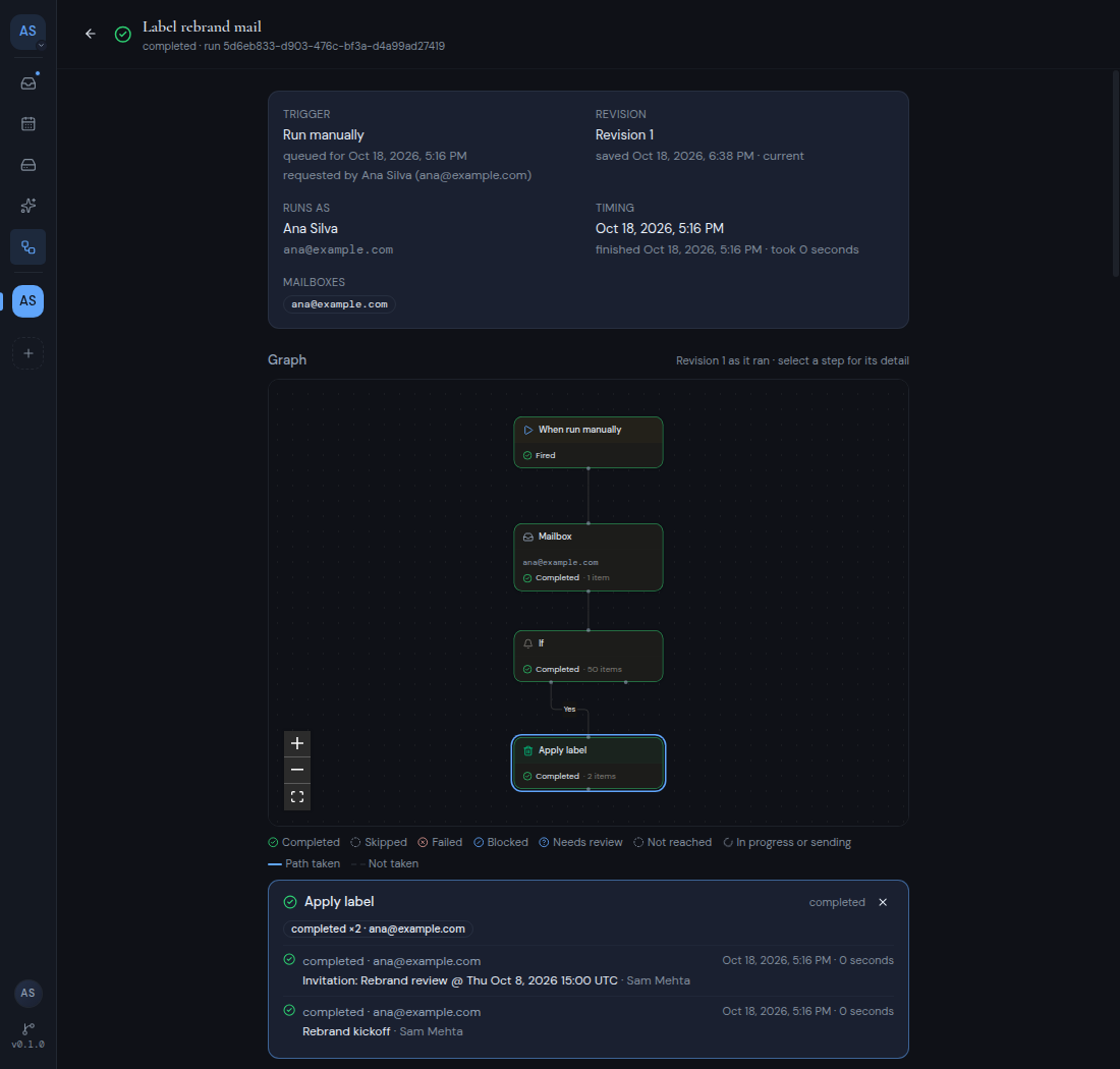The details of one run, with its facts, the graph and the selected Apply label step