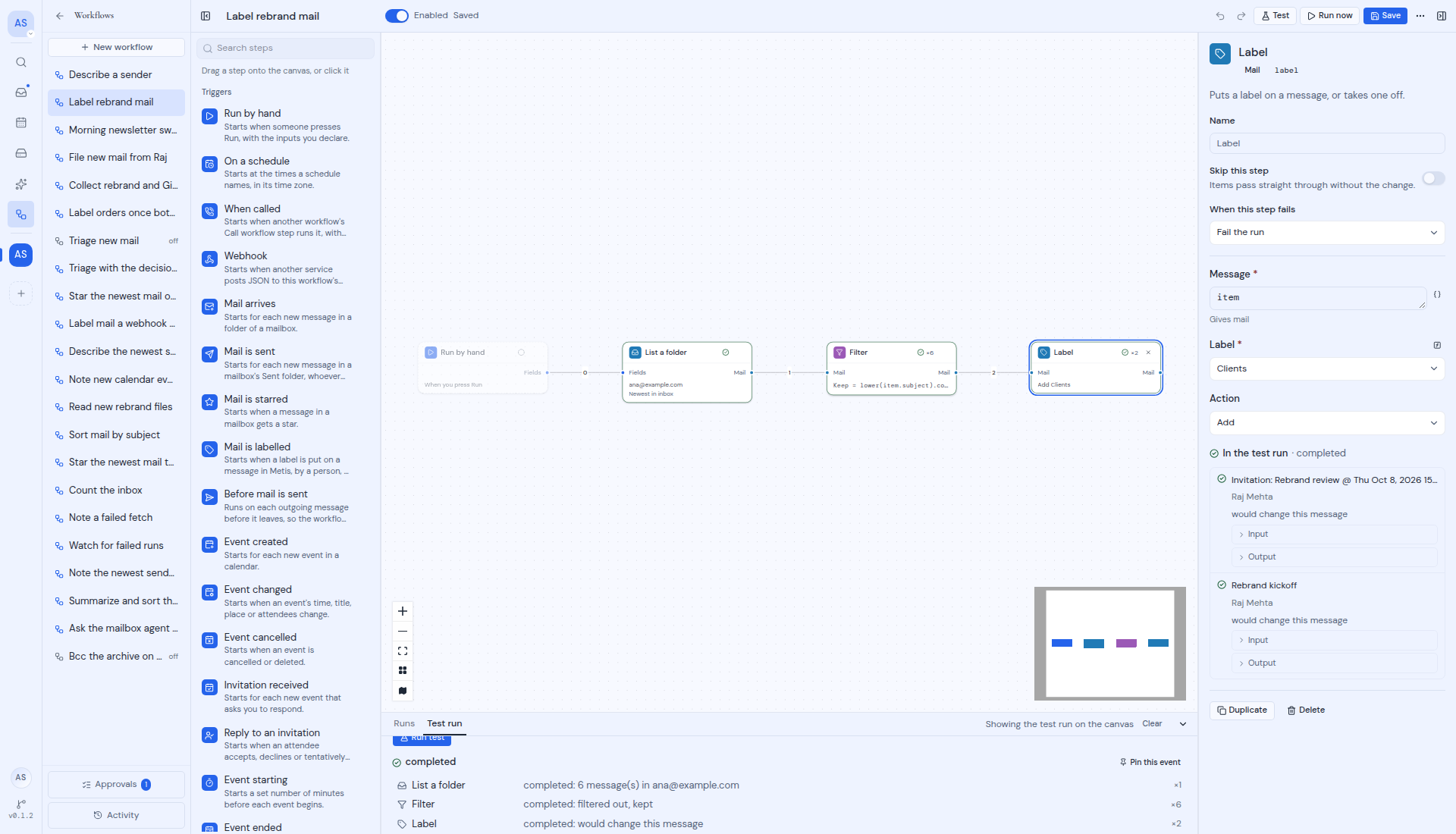 A test run drawn on the canvas, with the result in the Test run tab and the selected Label step's items under In the test run in the Inspector