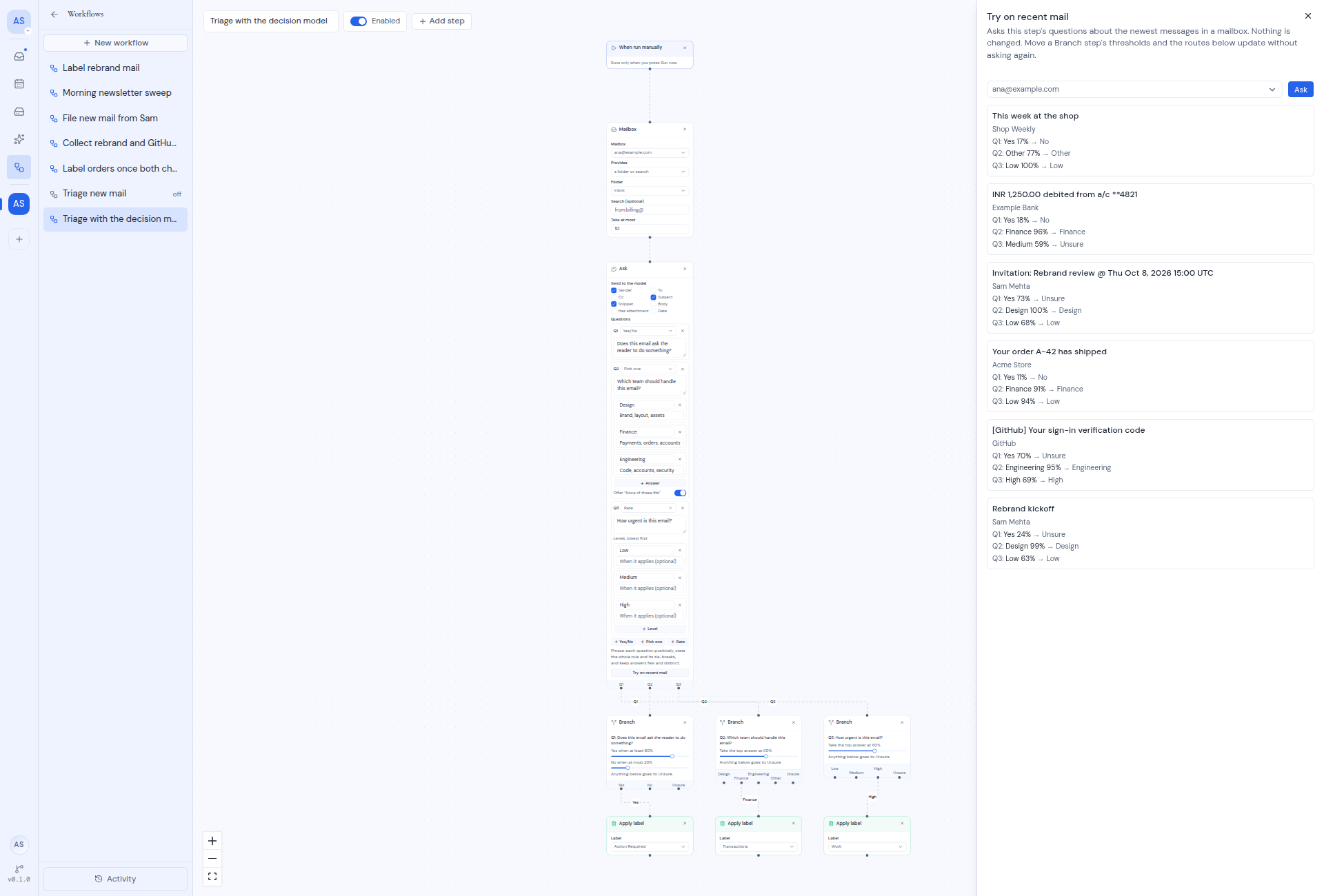 The Try on recent mail panel showing each message's answers next to the canvas