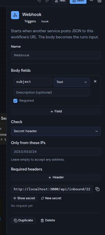 The Inspector for a Webhook trigger showing its address, the Show secret and New secret buttons, and its settings