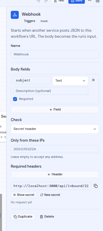 The Inspector for a Webhook trigger showing its address, the Show secret and New secret buttons, and its settings
