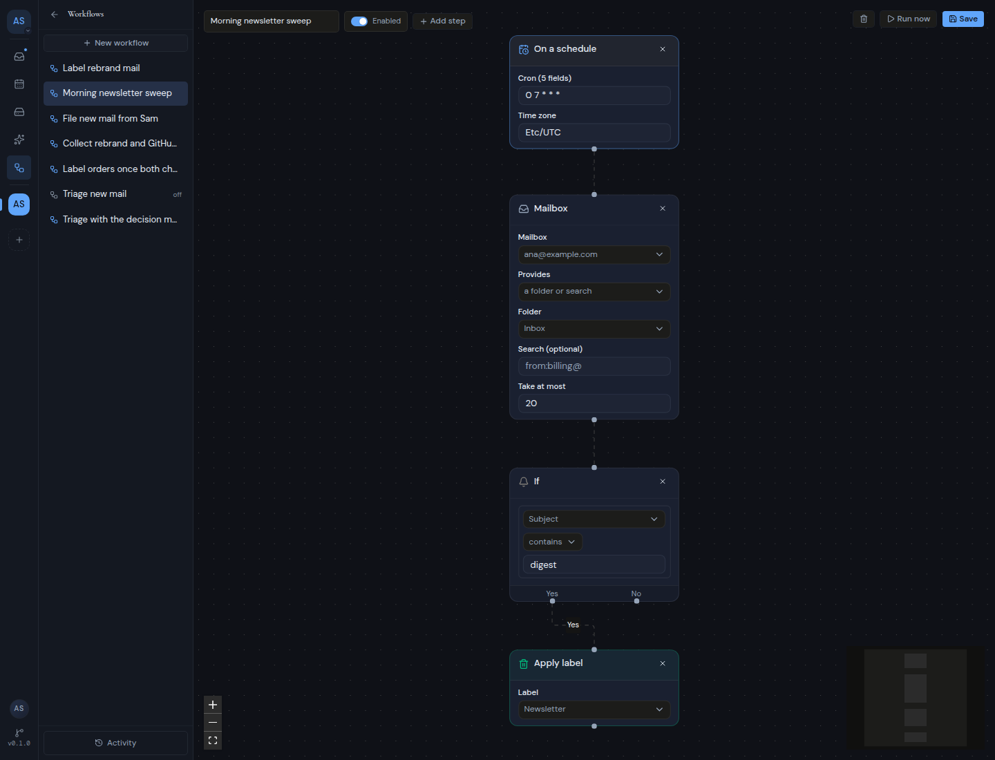 The canvas of a saved workflow with its name, the Enabled switch, Add step, Run now and Save