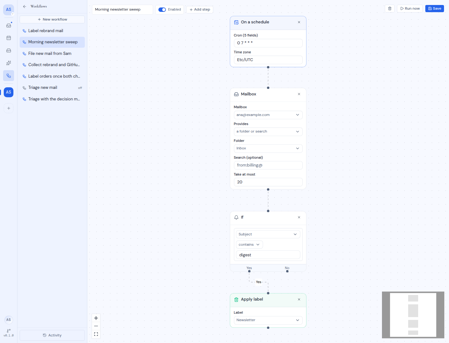 The canvas of a saved workflow with its name, the Enabled switch, Add step, Run now and Save