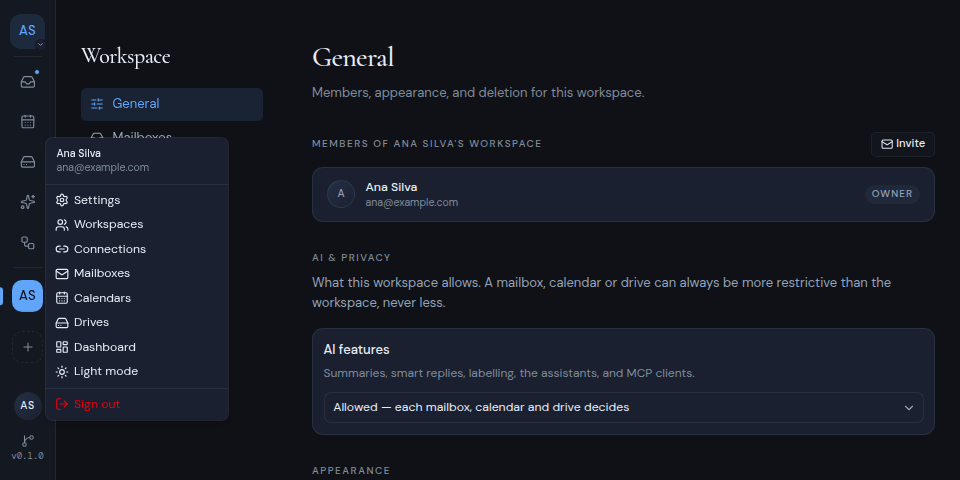 The account menu open in the left rail
