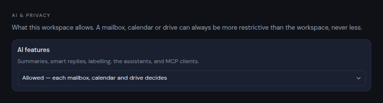 The AI and privacy section of a workspace's General settings