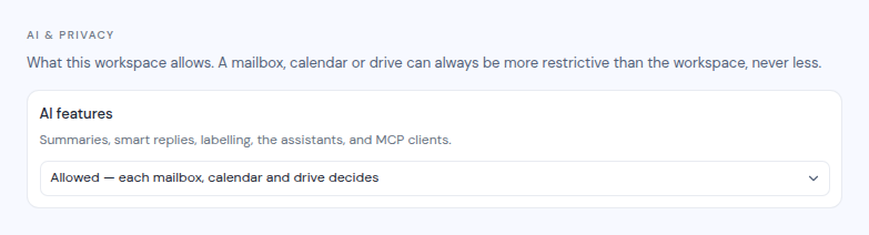 The AI and privacy section of a workspace's General settings