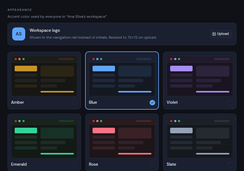 The Appearance section with the logo and color choices