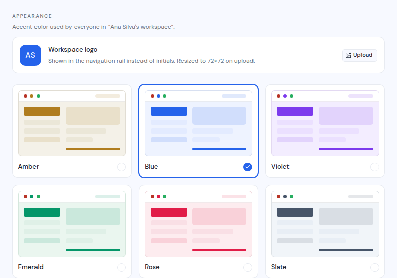 The Appearance section with the logo and color choices