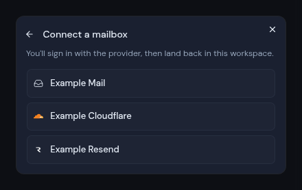 The Connect a mailbox dialog listing the providers and servers you can use
