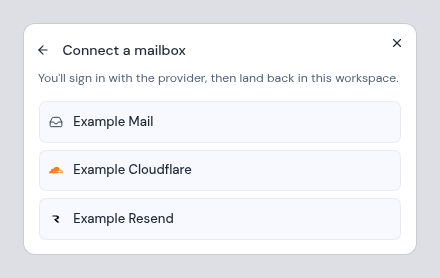 The Connect a mailbox dialog listing the providers and servers you can use