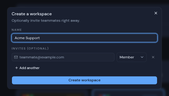 The Create a workspace dialog with a name typed in