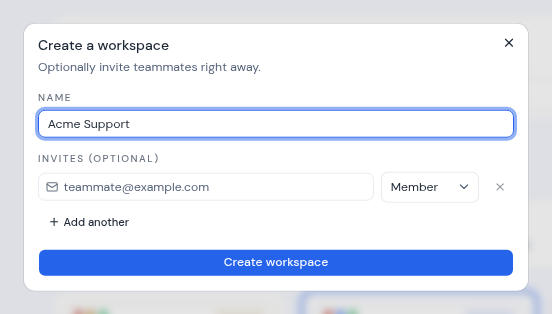 The Create a workspace dialog with a name typed in