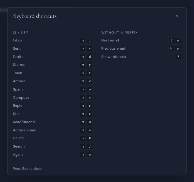 The Keyboard shortcuts dialog in mail