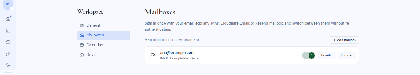 The Mailboxes page of a workspace's settings