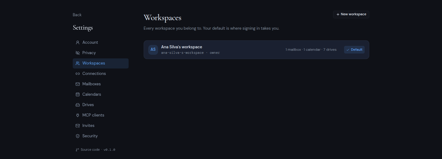 The Workspaces page in account settings, with the default workspace marked