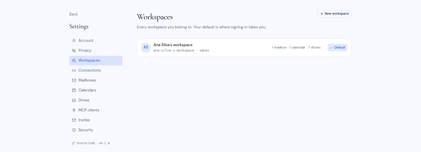 The Workspaces page in account settings, with the default workspace marked